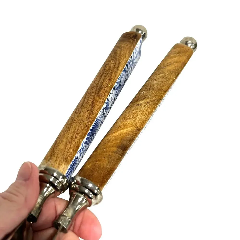 Salad serving fork & spoon wood handle blue & white hammered silvertone 2-pc set